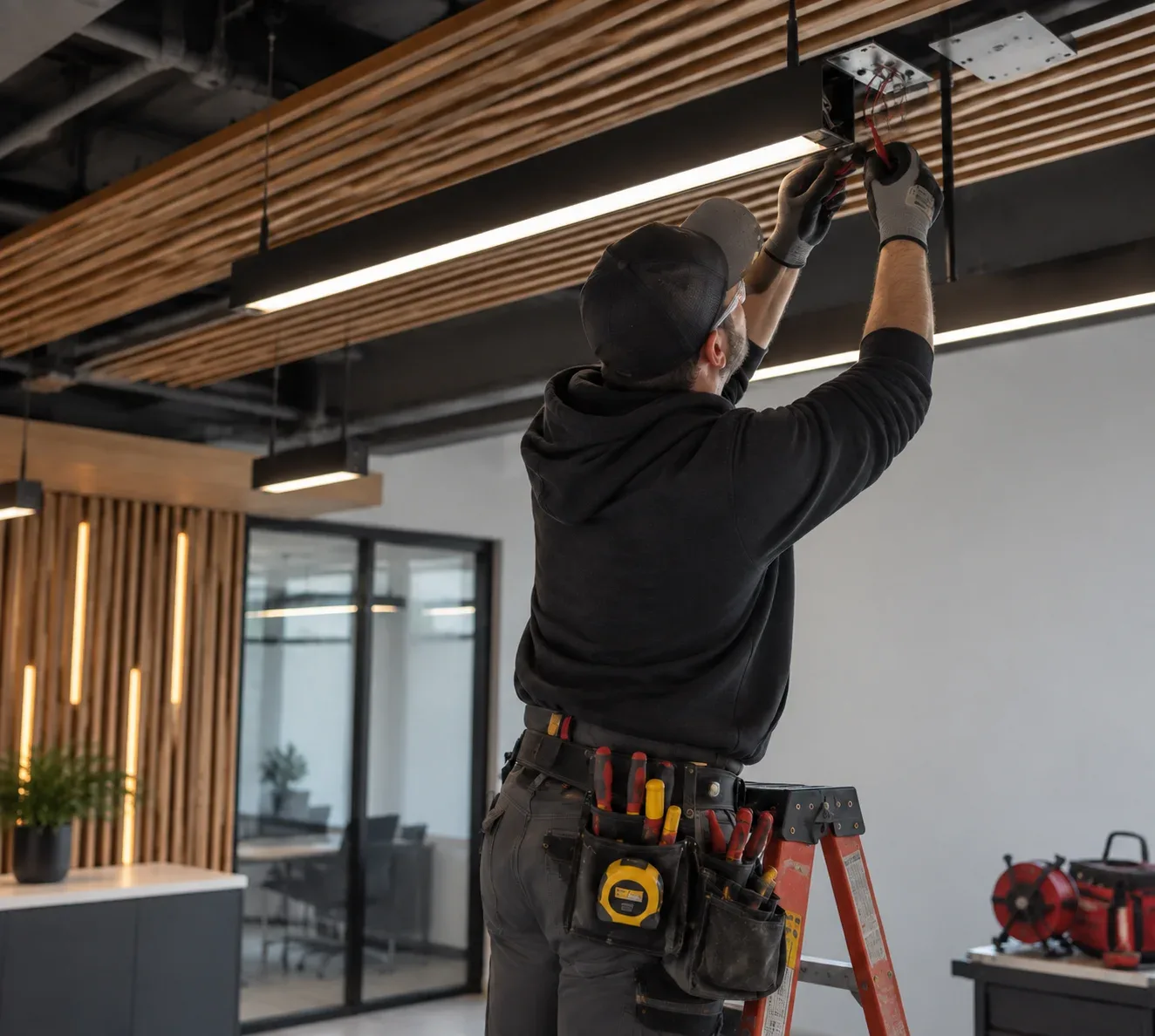 Commercial electrician working on electrical equipment in Burlington