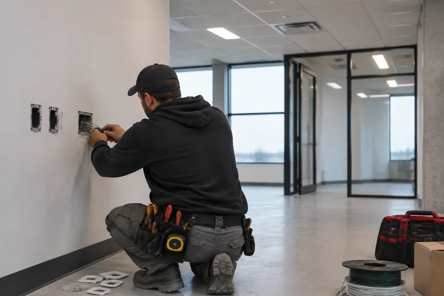 Commercial electrician Burlington working on industrial electrical panel